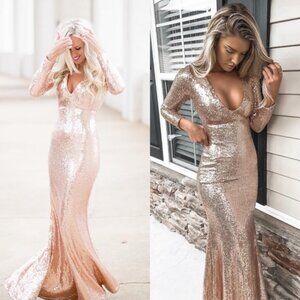 NWT Lulus Capture the Moon Sequin Maxi Dress in Rose Gold sz S